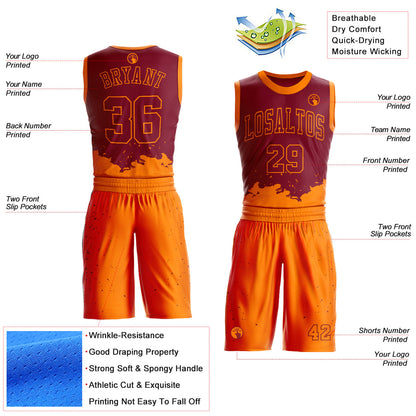 Custom Maroon Bay Orange Color Splash Round Neck Sublimation Basketball Suit Jersey - Sky-Custom