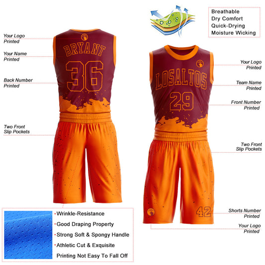 Custom Maroon Bay Orange Color Splash Round Neck Sublimation Basketball Suit Jersey - Sky-Custom
