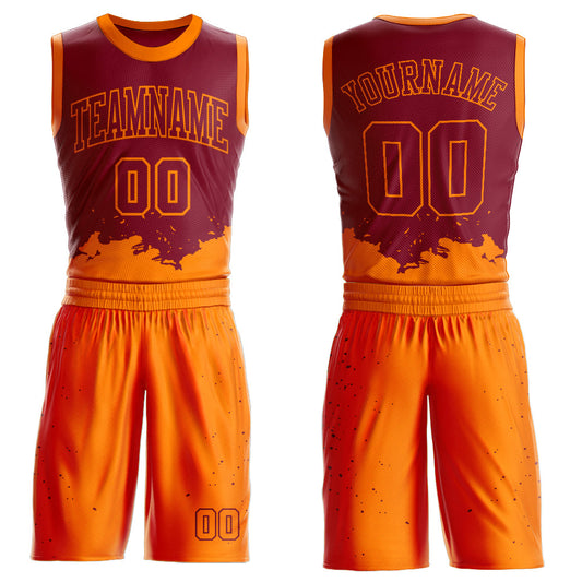 Custom Maroon Bay Orange Color Splash Round Neck Sublimation Basketball Suit Jersey - Sky-Custom