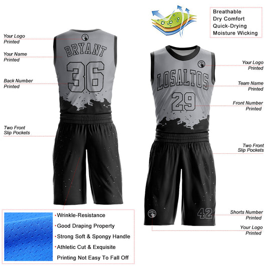 Custom Gray Black Color Splash Round Neck Sublimation Basketball Suit Jersey - Sky-Custom