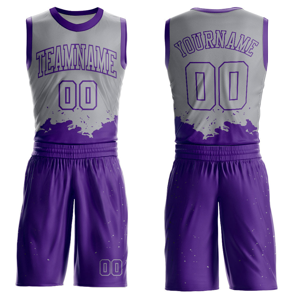 Custom Gray Purple Color Splash Round Neck Sublimation Basketball Suit Jersey - Sky-Custom