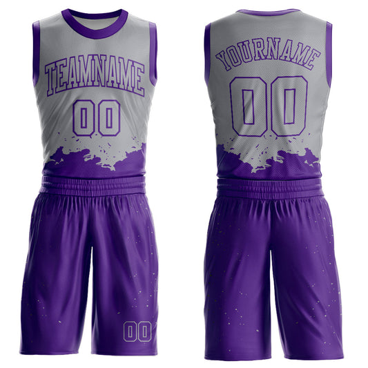 Custom Gray Purple Color Splash Round Neck Sublimation Basketball Suit Jersey - Sky-Custom