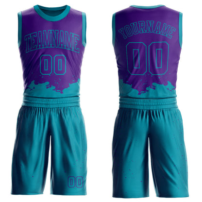 Custom Purple Teal Color Splash Round Neck Sublimation Basketball Suit Jersey - Sky-Custom