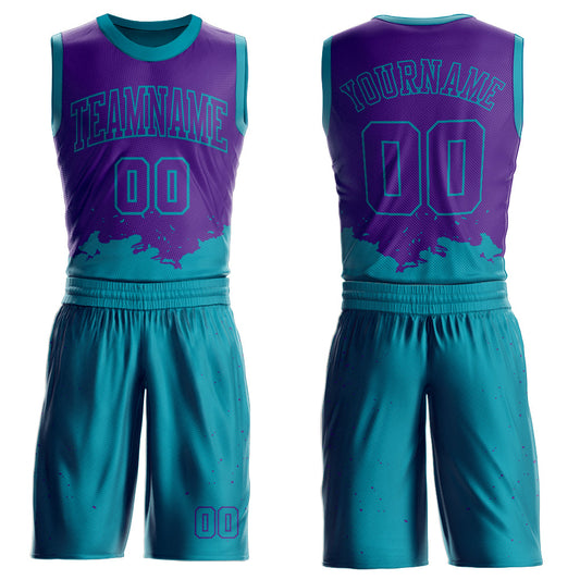 Custom Purple Teal Color Splash Round Neck Sublimation Basketball Suit Jersey - Sky-Custom