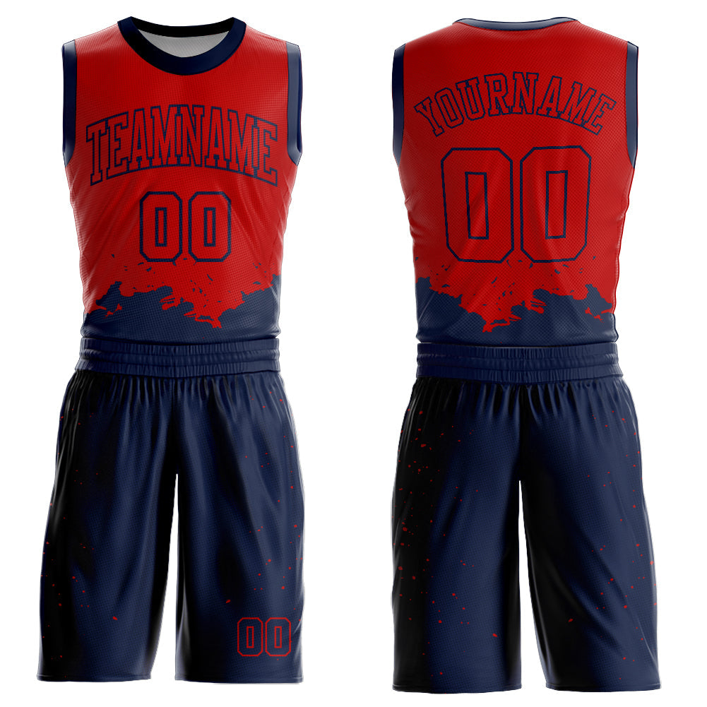 Custom Red Navy Color Splash Round Neck Sublimation Basketball Suit Jersey - Sky-Custom
