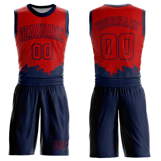 Custom Red Navy Color Splash Round Neck Sublimation Basketball Suit Jersey - Sky-Custom