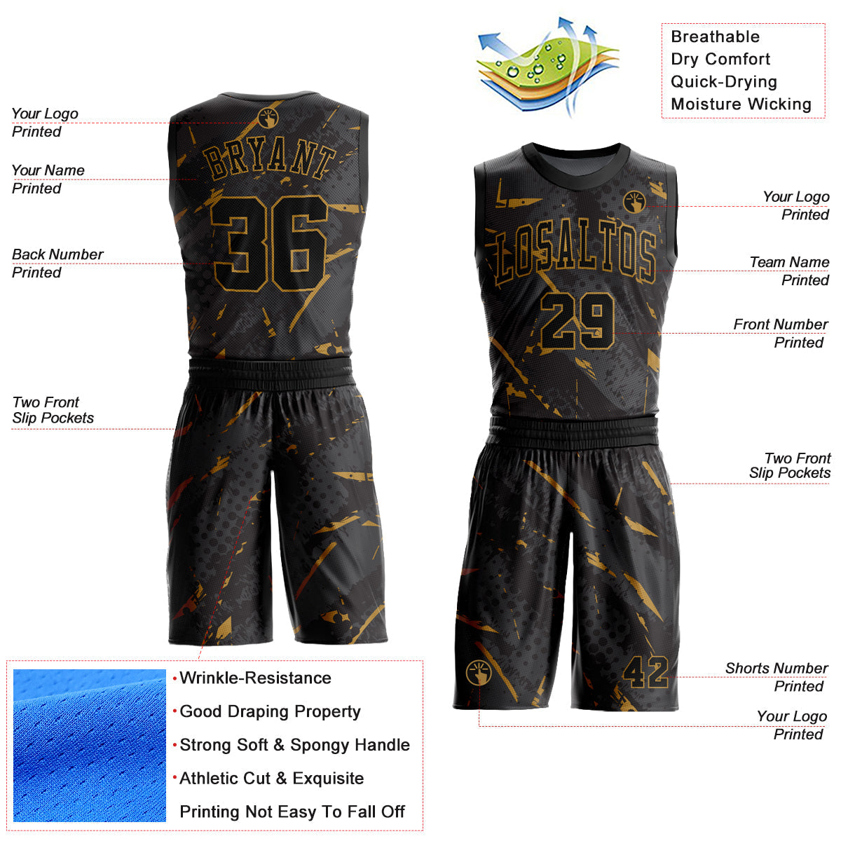 Custom Black Old Gold Bright Lines Round Neck Sublimation Basketball Suit Jersey - Sky-Custom