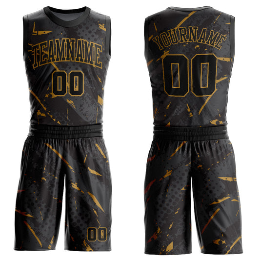 Custom Black Old Gold Bright Lines Round Neck Sublimation Basketball Suit Jersey - Sky-Custom