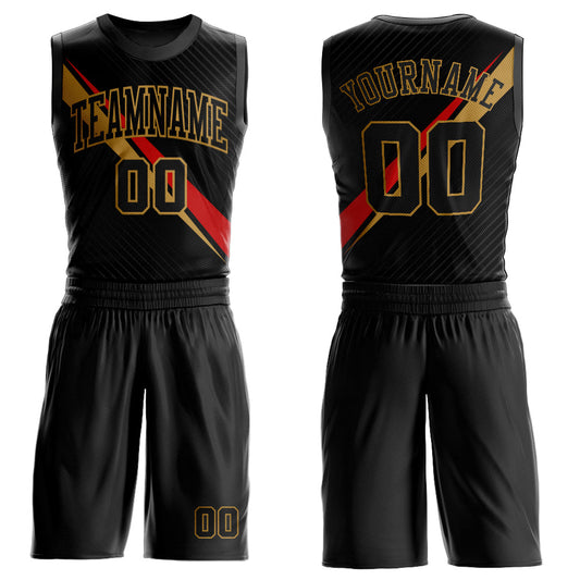 Custom Black Old Gold-Red Diagonal Lines Round Neck Sublimation Basketball Suit Jersey - Sky-Custom