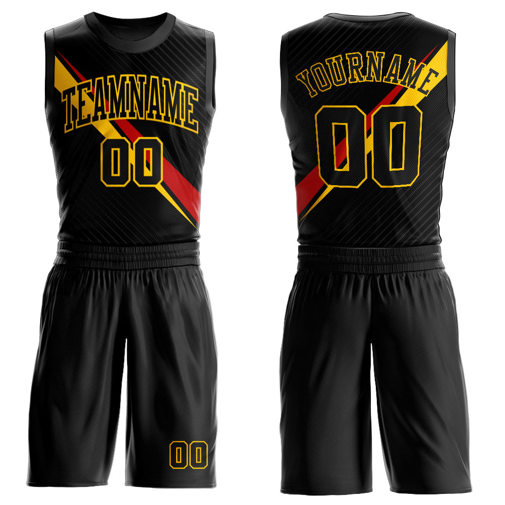 Custom Black Yellow-Red Diagonal Lines Round Neck Sublimation Basketball Suit Jersey - Sky-Custom