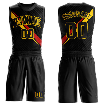 Custom Black Yellow-Red Diagonal Lines Round Neck Sublimation Basketball Suit Jersey - Sky-Custom