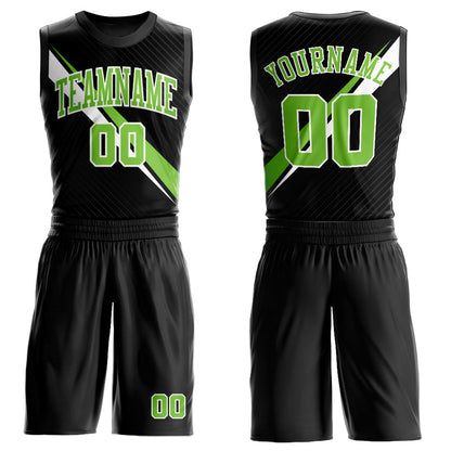 Custom Black Neon Green-White Diagonal Lines Round Neck Sublimation Basketball Suit Jersey - Sky-Custom