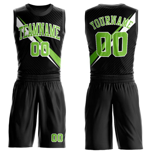 Custom Black Neon Green-White Diagonal Lines Round Neck Sublimation Basketball Suit Jersey - Sky-Custom
