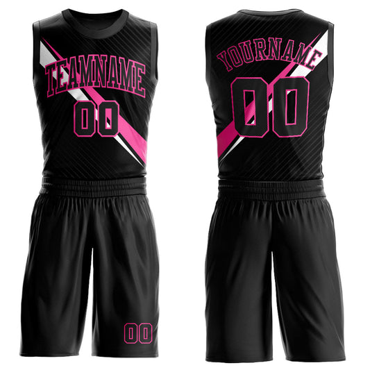 Custom Black Pink-White Diagonal Lines Round Neck Sublimation Basketball Suit Jersey - Sky-Custom
