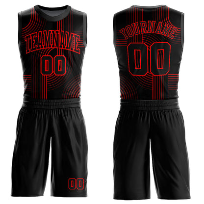 Custom Black Red Tracks Round Neck Sublimation Basketball Suit Jersey - Sky-Custom