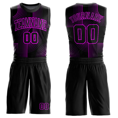 Custom Black Deep Pink Tracks Round Neck Sublimation Basketball Suit Jersey - Sky-Custom