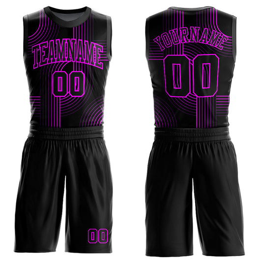 Custom Black Deep Pink Tracks Round Neck Sublimation Basketball Suit Jersey - Sky-Custom