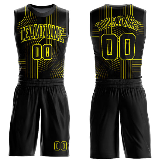 Custom Black Neon Yellow Tracks Round Neck Sublimation Basketball Suit Jersey - Sky-Custom