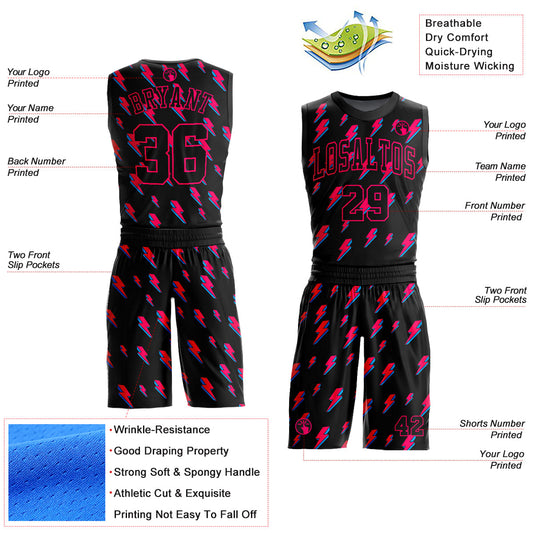 Custom Black Pink Lightning Shapes Round Neck Sublimation Basketball Suit Jersey - Sky-Custom