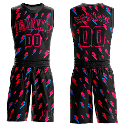 Custom Black Pink Lightning Shapes Round Neck Sublimation Basketball Suit Jersey - Sky-Custom