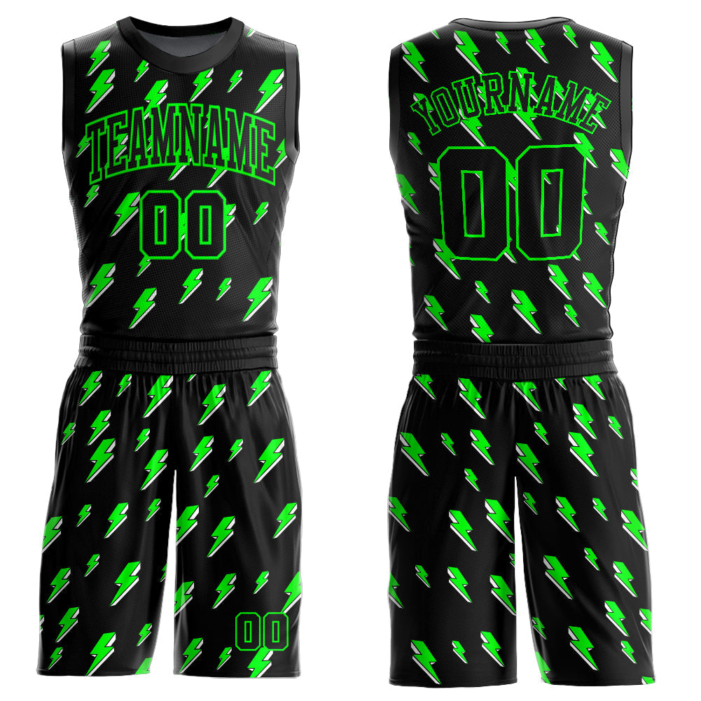 Custom Black Neon Green Lightning Shapes Round Neck Sublimation Basketball Suit Jersey - Sky-Custom