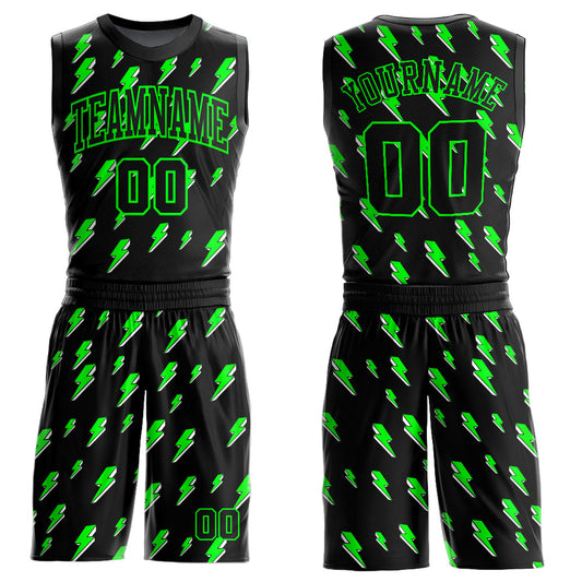 Custom Black Neon Green Lightning Shapes Round Neck Sublimation Basketball Suit Jersey - Sky-Custom