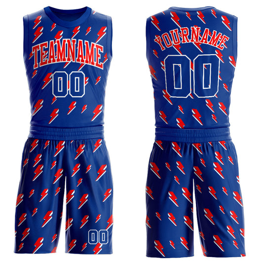 Custom Royal Red-White Lightning Shapes Round Neck Sublimation Basketball Suit Jersey - Sky-Custom