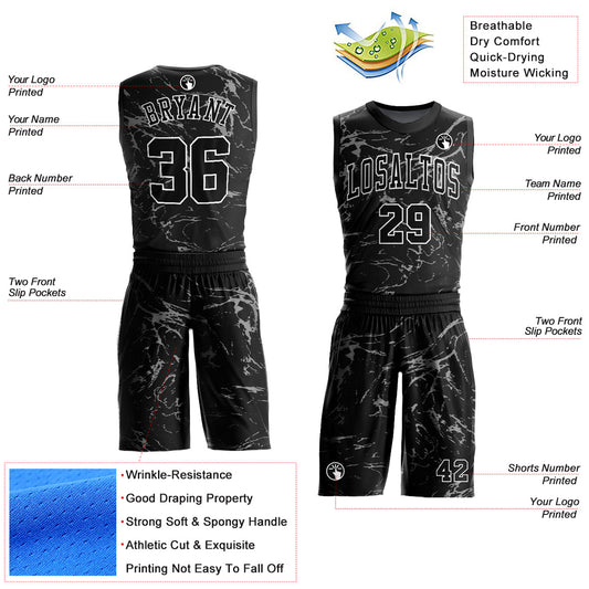 Custom Black White-Gray Abstract Grunge Art Round Neck Sublimation Basketball Suit Jersey - Sky-Custom