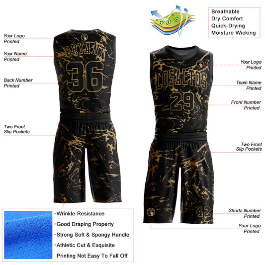 Custom Black Old Gold Abstract Grunge Art Round Neck Sublimation Basketball Suit Jersey - Sky-Custom