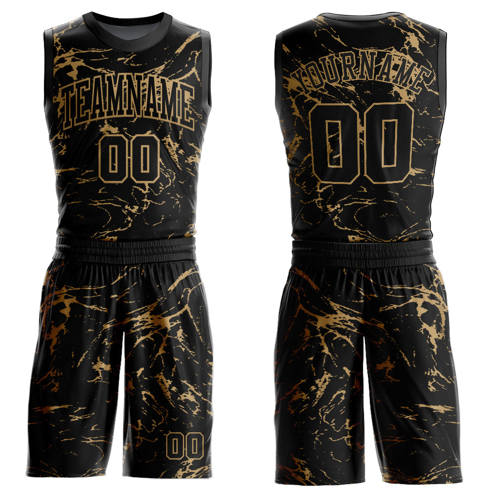 Custom Black Old Gold Abstract Grunge Art Round Neck Sublimation Basketball Suit Jersey - Sky-Custom