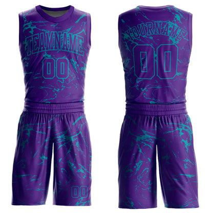 Custom Purple Teal Abstract Grunge Art Round Neck Sublimation Basketball Suit Jersey - Sky-Custom