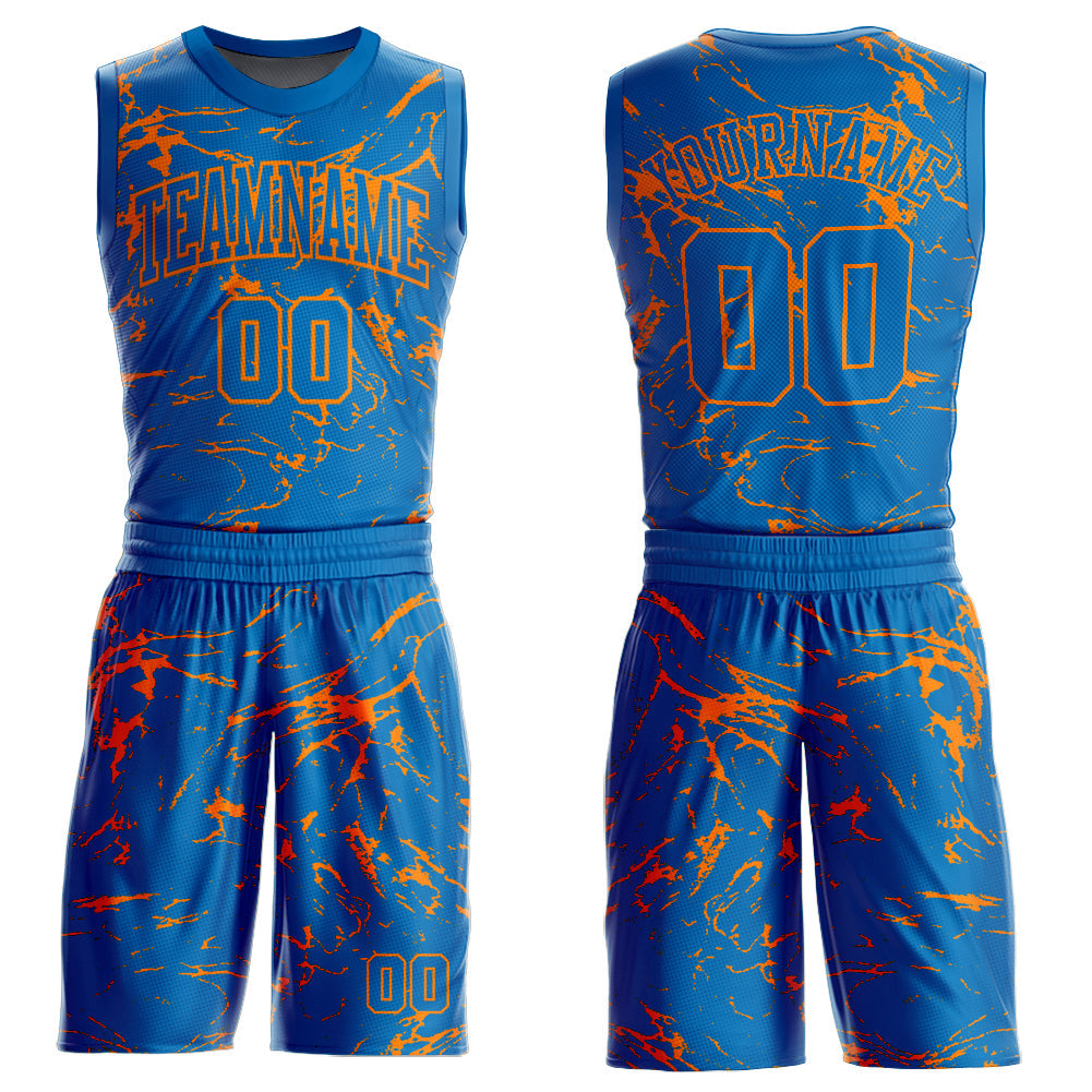 Custom Blue Bay Orange Abstract Grunge Art Round Neck Sublimation Basketball Suit Jersey - Sky-Custom