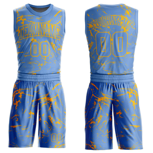 Custom Light Blue Gold Abstract Grunge Art Round Neck Sublimation Basketball Suit Jersey - Sky-Custom