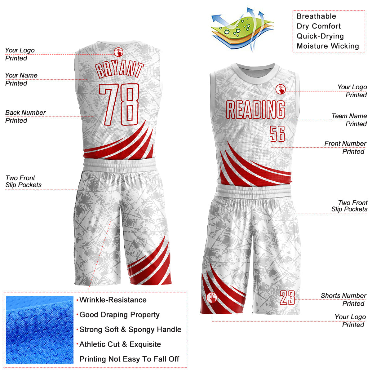 Custom White Red Wind Shapes Round Neck Sublimation Basketball Suit Jersey - Sky-Custom