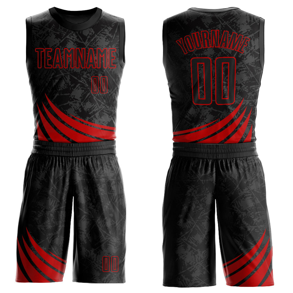Custom Black Red Wind Shapes Round Neck Sublimation Basketball Suit Jersey - Sky-Custom