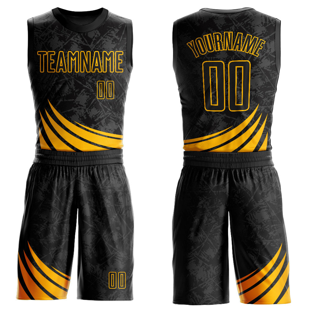 Custom Black Gold Wind Shapes Round Neck Sublimation Basketball Suit Jersey - Sky-Custom