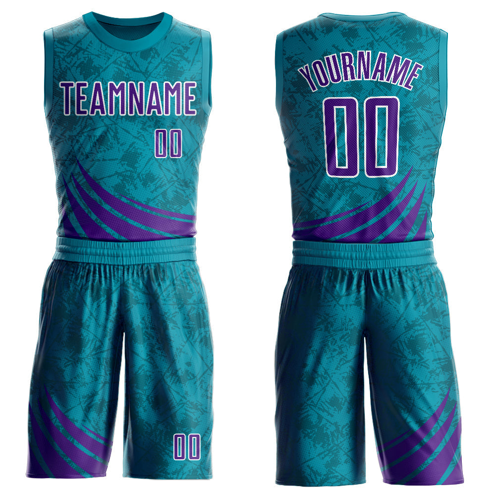 Custom Teal Purple-White Wind Shapes Round Neck Sublimation Basketball Suit Jersey - Sky-Custom
