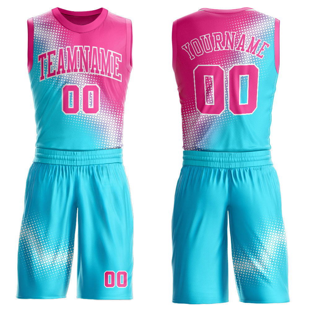 Custom Sky Blue Pink-White Gradient Two Tone Diamond Shape Round Neck Sublimation Basketball Suit Jersey - Sky-Custom
