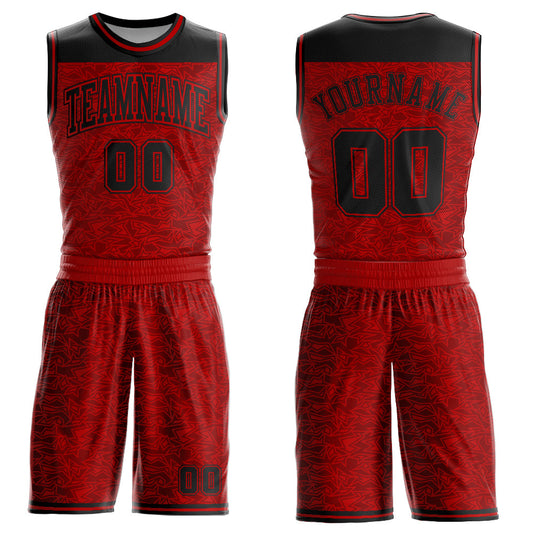 Custom Red Black Color Block Round Neck Sublimation Basketball Suit Jersey - Sky-Custom