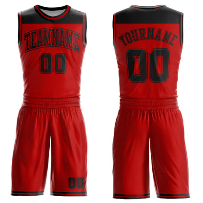 Custom Red Black Color Block Round Neck Sublimation Basketball Suit Jersey - Sky-Custom