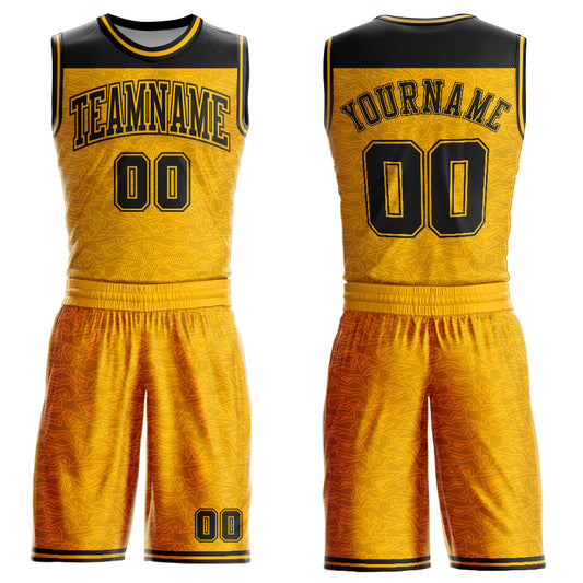 Custom Gold Black Color Block Round Neck Sublimation Basketball Suit Jersey - Sky-Custom