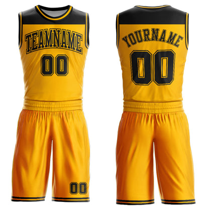 Custom Gold Black Color Block Round Neck Sublimation Basketball Suit Jersey - Sky-Custom