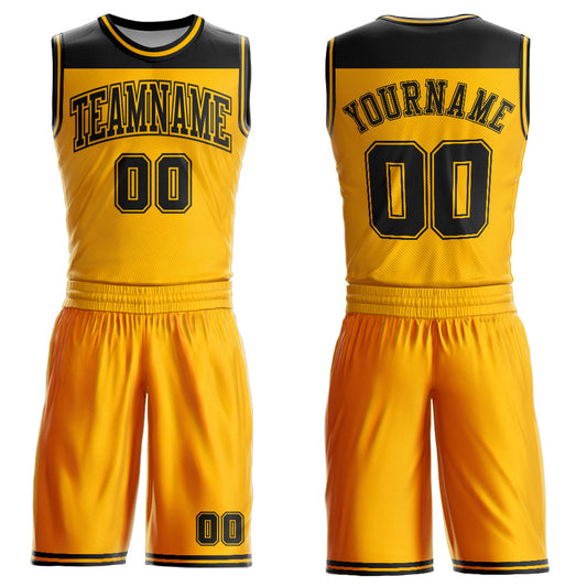 Custom Gold Black Color Block Round Neck Sublimation Basketball Suit Jersey - Sky-Custom