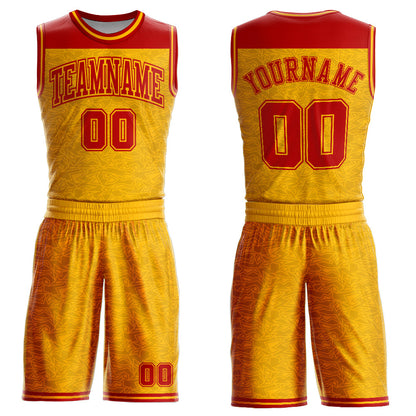 Custom Gold Red Color Block Round Neck Sublimation Basketball Suit Jersey - Sky-Custom