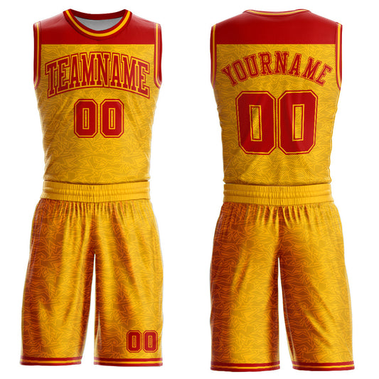 Custom Gold Red Color Block Round Neck Sublimation Basketball Suit Jersey - Sky-Custom