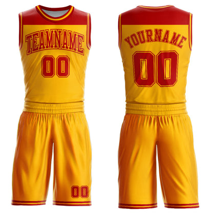 Custom Gold Red Color Block Round Neck Sublimation Basketball Suit Jersey - Sky-Custom