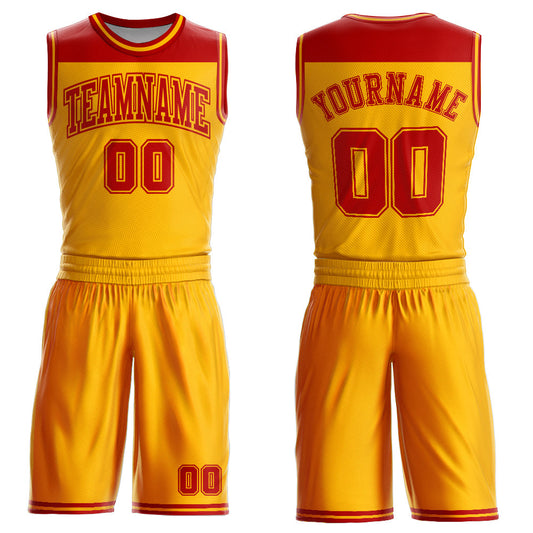 Custom Gold Red Color Block Round Neck Sublimation Basketball Suit Jersey - Sky-Custom