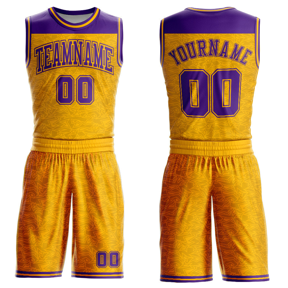 Custom Gold Purple Color Block Round Neck Sublimation Basketball Suit Jersey - Sky-Custom
