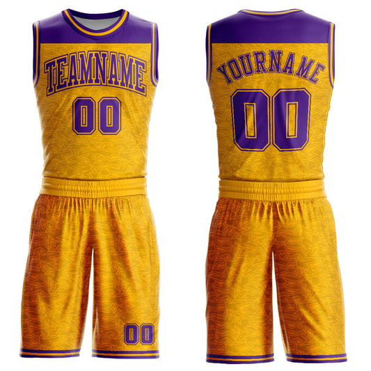 Custom Gold Purple Color Block Round Neck Sublimation Basketball Suit Jersey - Sky-Custom