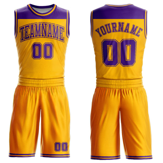 Custom Gold Purple Color Block Round Neck Sublimation Basketball Suit Jersey - Sky-Custom